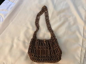 Women’s Vintage Wooden Bead Brown Lined Handbag - Picture 1 of 12