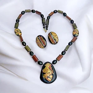 Vintage Japan Necklace & Earrings Set Beaded Pendant Abstract Art Hand Painted - Picture 1 of 21