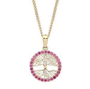 9ct Gold Simulated RUBY Tree of Life REVERSIBLE Pendant Necklace + 18" Chain - Picture 1 of 7