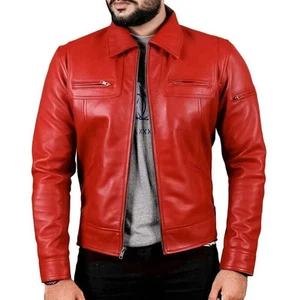 Chaqueta de Cuero para Hombre 100% Premium Piel de Cordero Real Cuero Rojo Motociclista Chaqueta - Imagen 1 de 6