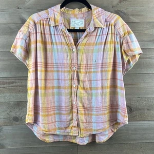 American Eagle Womens Shirt Plaid Short Sleeve Button Up Linen Blend Beach XS - Picture 1 of 8
