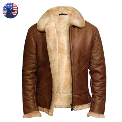 Men's RAF Brown B3 Bomber Genuine Leather Jacket Sheepskin Shearling Fur - Image 1 of 4