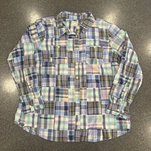LL Bean Madras Button Up Shirt Womens L Blue Plaid Roll-Tab Sleeve Patchwork - Picture 1 of 5