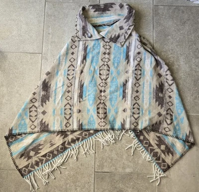 Poncho Western Rhonda Stark Mezcla Lana Suroeste Turquesa Beige Marrón Capa Foto 1 de 4