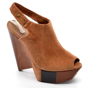 Ladies L.A.M.B. Slingback Wedge Pumps 6.5 M Brown Suede Peep Toe High Heel Shoes - Picture 1 of 6