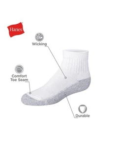 Hanes Ankle Socks 12-Pack Boys Cushioned Reinforced Heel Comfort Toe White Grey - Picture 1 of 12