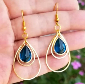 14k Gold London Blue Topaz, Blue Topaz Dangle Earrings Australian Crystal Topaz - Picture 1 of 5