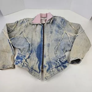 Vtg Outerwear by Phoenix Womens Denim Moto Jacket Distressed Sz Med Pink Leather - Picture 1 of 12
