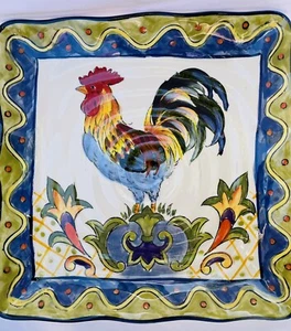 Maxcera Square Plates Talavera Rooster 9" Hand Painted Ceramic Green Blue Border - Picture 1 of 7