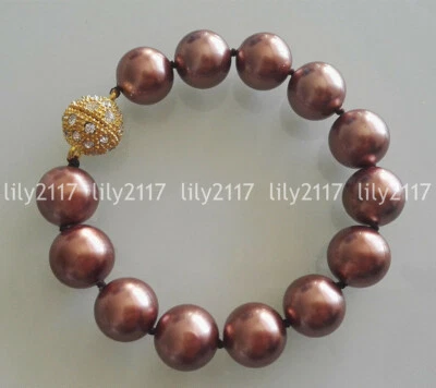 Handmade 8/10/12/14mm South Sea Brown Shell Pearl Round Beads Bracelet 7.5'' AAA - Image 1 of 3