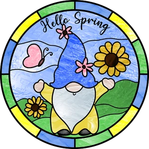 DISEÑO GNOMO DE PRIMAVERA con letrero de metal aspecto vitral (LEER DESCRIPCIÓN) - Imagen 1 de 3