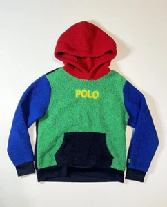 Polo Ralph Lauren Logo Teddy Fleece Hoodie Size (10) Multi Color Blocked - Picture 1 of 5