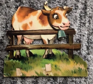 Mechanische Kuhkarte Gruß mit Bauernhof Zaun Ösen 40er Jahre Vintage Original - Bild 1 von 6