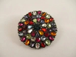 Vintage Round Circular Rhinestone Brooch Pin Multicolor Rainbow - Picture 1 of 3
