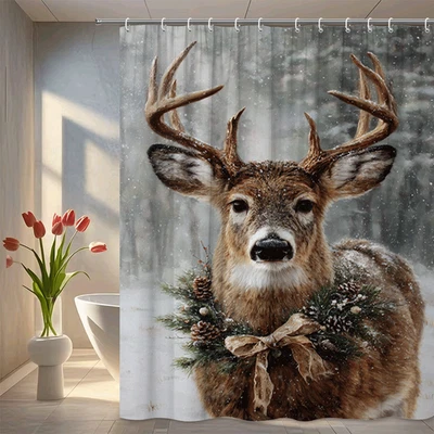 1PC Rustic Winter Deer Shower Curtain with Antlers Pine Wreath Snow Forest - Image 1 of 4