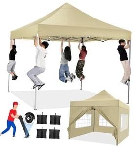 Pop up Canopy Tent Heavy Duty Gazebo with 4 Sidewalls, UPF 50+ All 10x10 Khaki - Picture 1 of 7