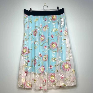 NWT LuLaRoe Floral Embroidered Skirt Mesh Overlay Teal Blue PInk Green Size 2XL - Picture 1 of 9