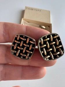 Gold & Black Weaved Cufflinks Vintage - Picture 1 of 2