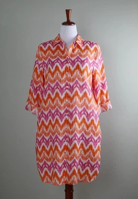 Vestido Camisa CHICO'S $119 Sin Hierro Ikat 100% Lino Manga Pestaña Talla 1.5 EE. UU. 10 Foto 1 de 4