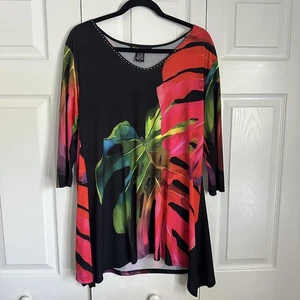 Valentina Tunic Shirt Womens Medium Tropical Leaf Asymmetrical Top Blouse Artsy - Picture 1 of 9