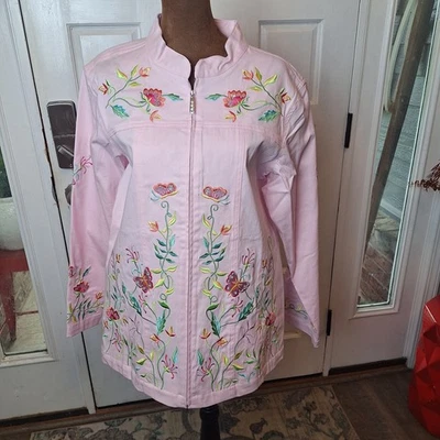 Quacker Factory Women's Pink Jacket Size L Embroidered Flowers Full Zip - Image 1 of 4