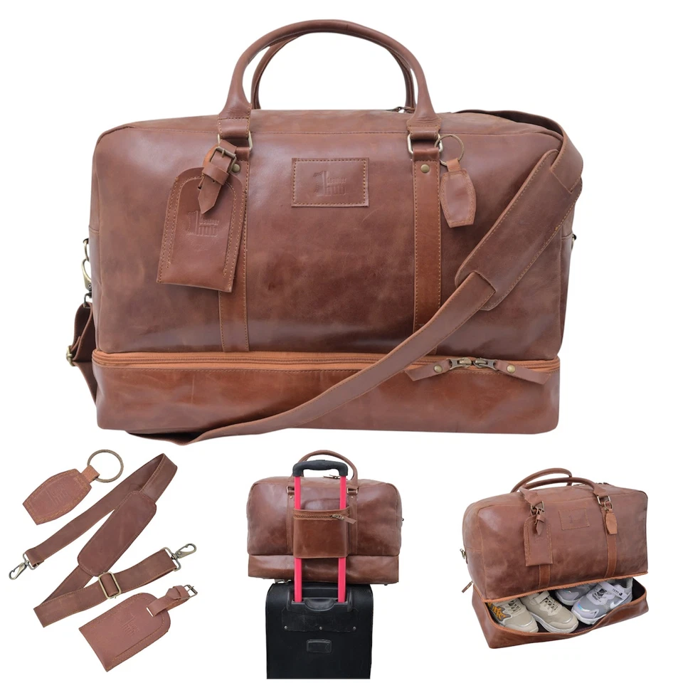 Brown Leather Duffle HandBag Travel Luggage Gym Weekend Unisex Vintage Genuine . - Image 1 of 4