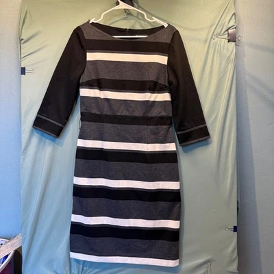 WHBM Black Gray White Striped Sheath Dress 3/4 Sleeves Lined Women’s Size 10 - Image 1 of 4