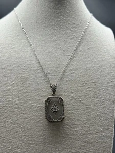 Vintage Art Deco Sterling Silver Diamond Glass Pendant Necklace 925 - Picture 1 of 14
