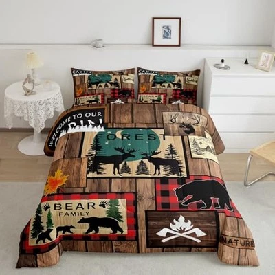Juego de edredón de cabina retro aventura rústica oso ciervo juego de cama Queen Multi 03 Foto 1 de 4