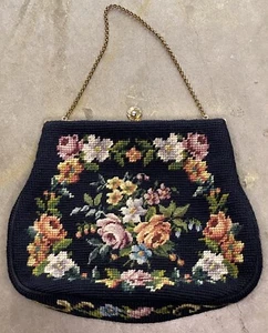 Vintage Christine Custom Bag Detroit Michigan Needlepoint PurseBlack Floral 1950 - Picture 1 of 3
