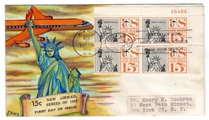 C58 Statue of Liberty Air Mail 1959 FDC - Dyerl Hand-Painted Plate Block/4 - Picture 1 of 2