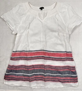 Talbots Medium Top 100% Linen Short Sleeve White Red Blue Striped Womens Smocked - Picture 1 of 5
