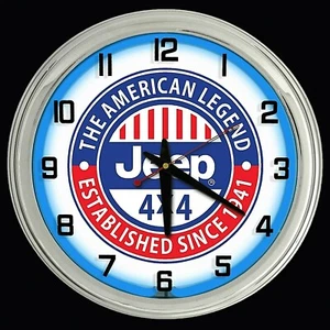 16" Jeep 4x4 The American Legend Sign Blue Neon Wall Clock Chrome Garage Decor - Picture 1 of 2