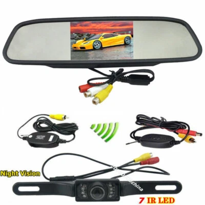 Vehicle Wireless IR Backup Rear View License Plate Camera +4.3" Mirror Monitor - Image 1 of 4
