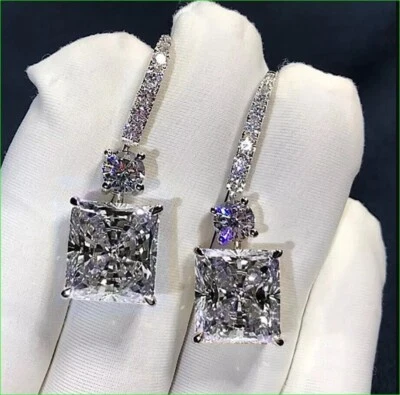 4.60Ct Princess Cut lab Created Diamond 14k White Gold Plated 925 Dangle Earings - Image 1 of 4