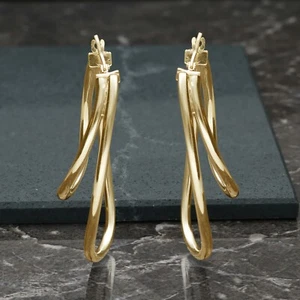 9ct Gold Plated on Sterling Silver Polished Double Twisted Hoop Lobe Earrings - Picture 1 of 3