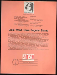 US. SP718. 2176. 14c. Julia Ward Howe. Great Americans. Souvenir Pages. 1987 - Picture 1 of 1