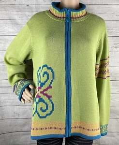 Sahalie Strickjacke Pullover mittelgrün bunt Muster durchgehender Reißverschluss Stehkragen Strick - Bild 1 von 12