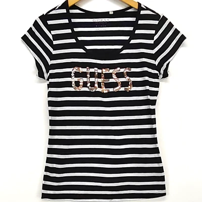 GUESS Top Mujer GRANDE Negro Blanco Lentejuelas Adornado Logo Rayas Elástico Foto 1 de 4