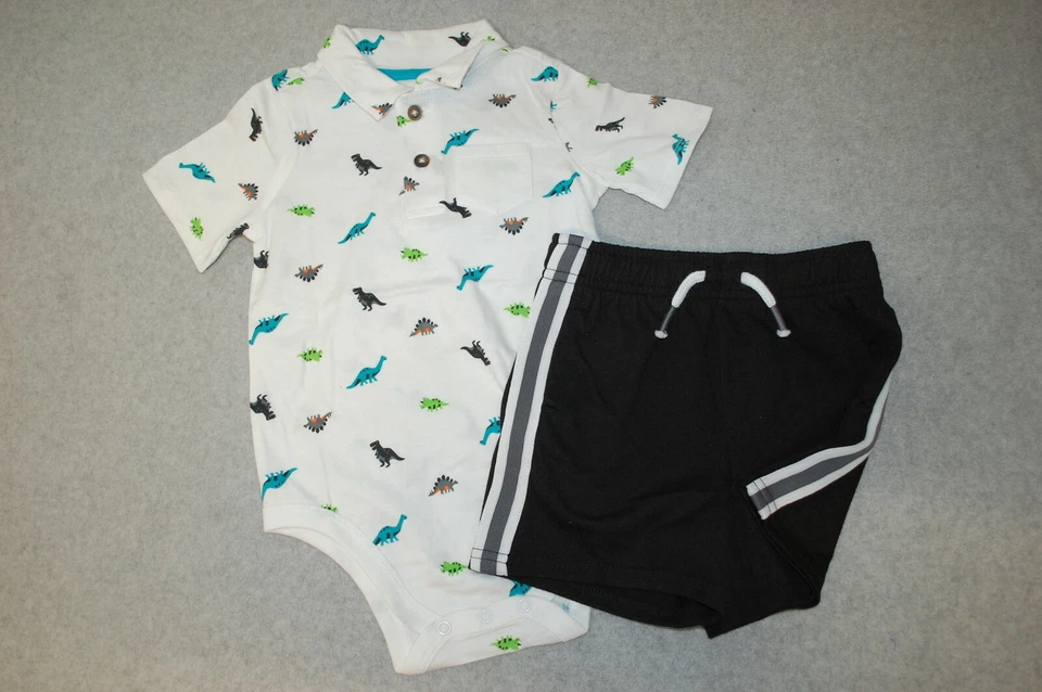 Bebé Niños BLANCO S/S POLO CAMISA Body DINOSAURIOS Negro Tejido Pantalones Cortos 24 MO Foto 1 de 1