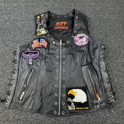 热皮革皮革背心女式 XL 黑色摩托车骑手系带拉链口袋 — 第 1/4 张图片