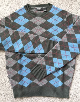FLAWLESS NEIMAN MARCUS NY MEN SMALL GRAY BLUE PLAID CASHMERE CREWNECK SWEATER - Image 1 of 4