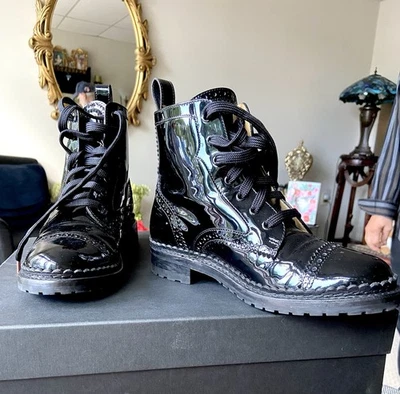 Office of Angela Scott  Black Patent Leather Combat Boots  35.5 Excellent! - Image 1 of 4