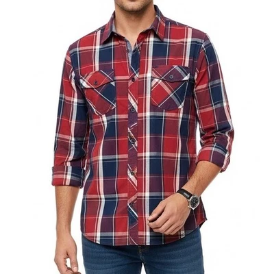 Eighty Eight Platinum Mens L Long Sleeve Red Blue Button Down Plaid Shirt Cotton - Image 1 of 4