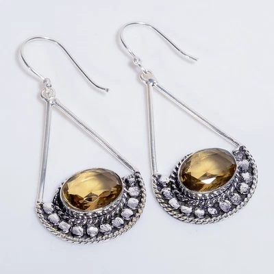 Smoky Quartz Gemstone Vintage Handmade 925 Sterling Silver Earrings 2.2" c045 - Image 1 of 4
