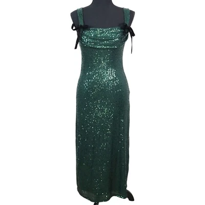 Vestido Le Lis Verde Esmeralda Lentejuelas Largo Maxi Formal Noche Capucha Terciopelo Lazos XS Foto 1 de 4