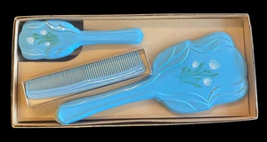 Vintage Waschtisch Set Haarbürste Bürste Kamm Spiegel blau geblümt 50er Jahre Kinder Mädchen - Bild 1 von 17