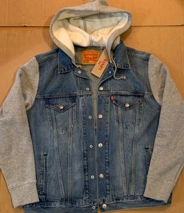 NWT Levis Trucker Gray Sweatshirt Hoodie & Sleeves Denim Snap Front Jacket XXL - Picture 1 of 8