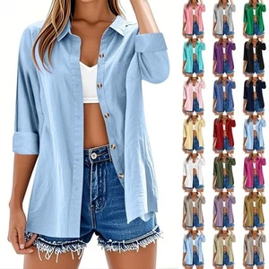 Womens Summer Casual Blouse Ladies Button T Shirt Long Sleeve Tops Tunic Tees UK - Picture 1 of 28