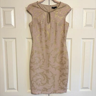 Vestido Jax Etiqueta Negra $158 Rubor Dorado Metálico Pergamino Estrás Cerradura Cóctel Foto 1 de 4